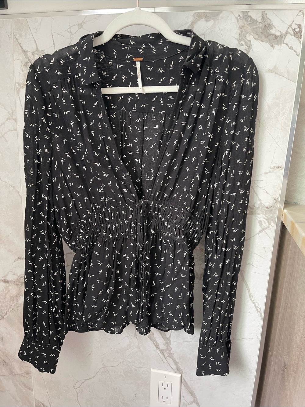 Free People Black Printed V-Neck Smocked Waist Blouse